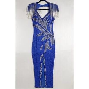 VTG SHO MAX Originals Silk All Over Fringe Beaded Dress Front Slit Gown Small